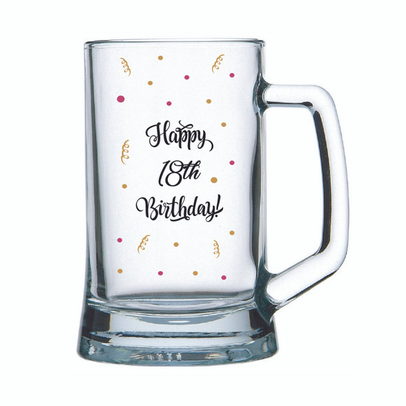 18th Birthday Glass beer mug Happy 18th Birthday in different colours on glass