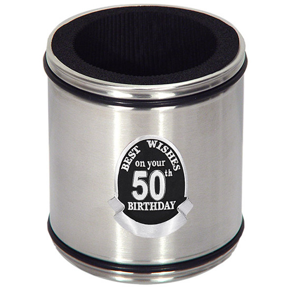 18th to 80th Birthday silver stainless steel stubby holder black rings with badge