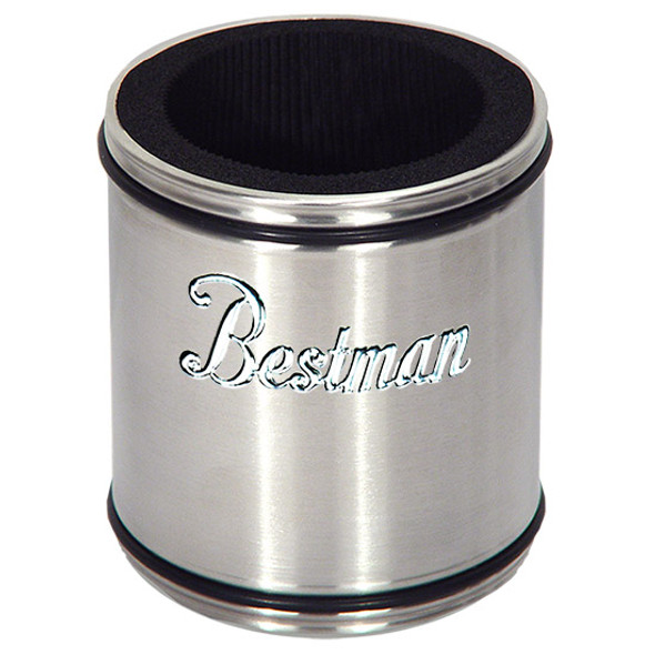 Wedding Stubby holder Stainless steel with black ring with a bestman Badge