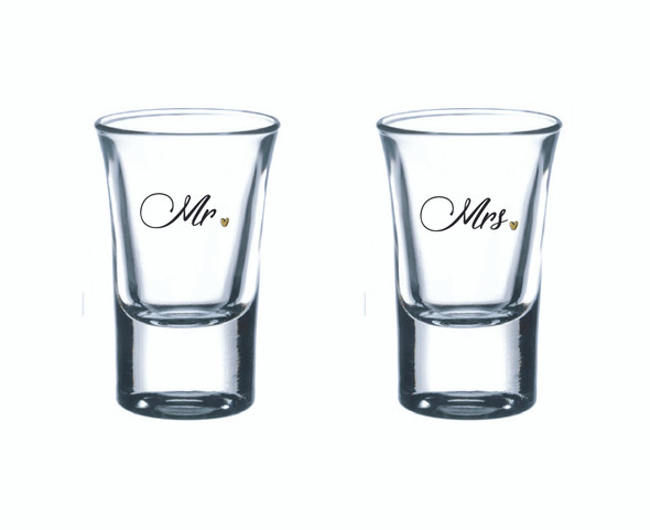 Mr & Mrs Pair of Shot glasses with Mr and Mrs in gold or black decals on glasses