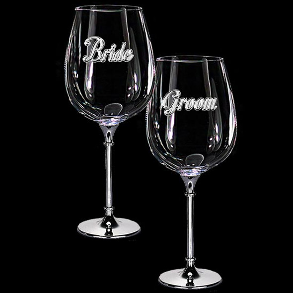 Wine glasses Pair with crystal rings on rhodium stem metal enamel look
