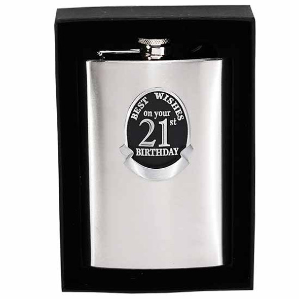 18th to 80th Birthday stainless steel hip flask with black birthday badge holds 8oz