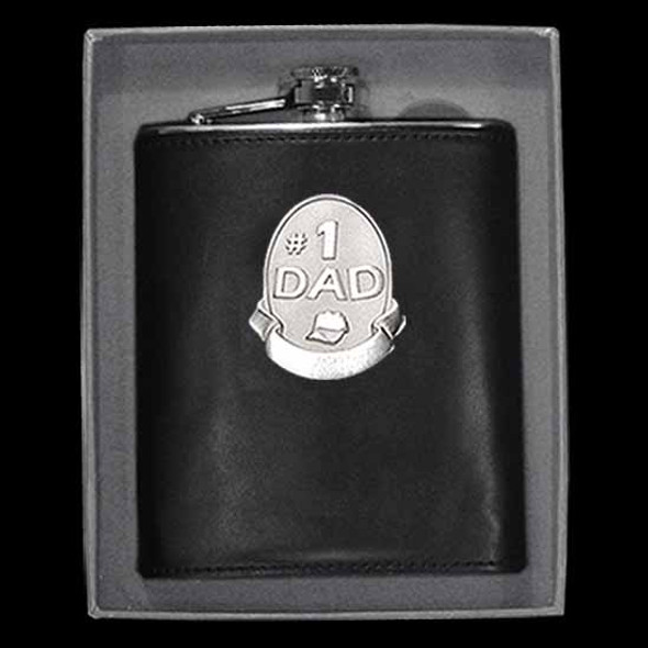 Hip flask leather covered stainless steel silver Pewter badge holds 8oz