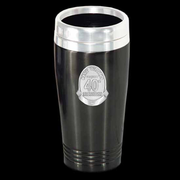 18th to 80th Birthday stainless steel black coffee travel mug matt with silver Pewter birthday badge