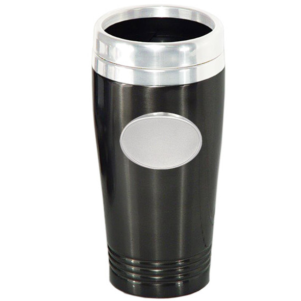 Engravable Black Coffee travel mug matt finish with Engravable Oval - Rectangular or Framed Pewter badge