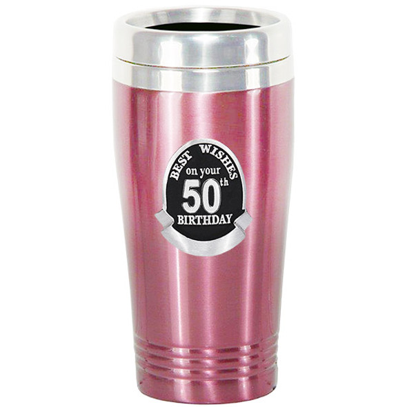 18th to 80th Birthday stainless steel Pink coffee travel mug matt Pewter badge