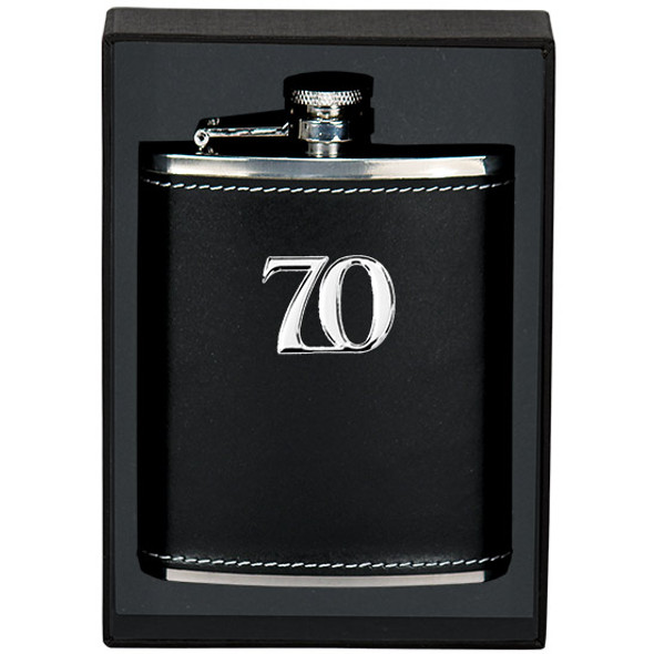 18th to 80th Birthday leather hip flask white stitching metal enamel look