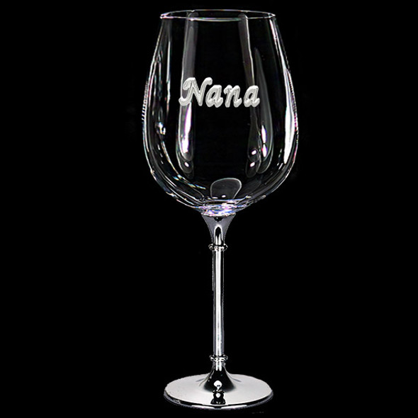 Nana Single Wine glass with crystal rings rhodium stem with Nana metal enamel embossed sticker