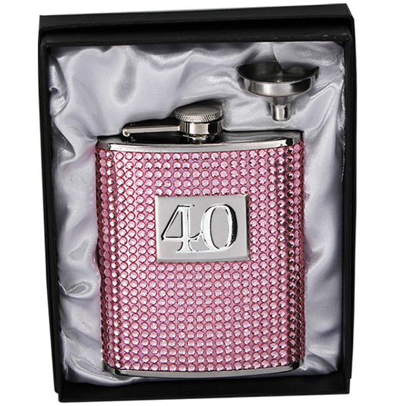 18th to 80th Birthday stainless steel hip flask pink crystal gems enamel look