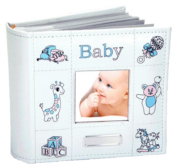 White leather baby photo album with pink and blue baby decals