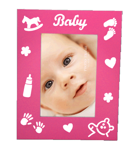 Pink babys photo frame with baby theme imprints holds 4x6 inch picture