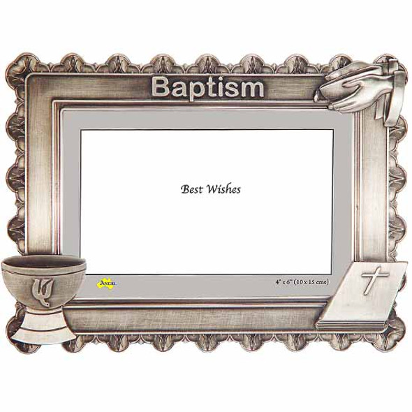 Antique pewter cast baptism photo frame holds 4x6 inch picture