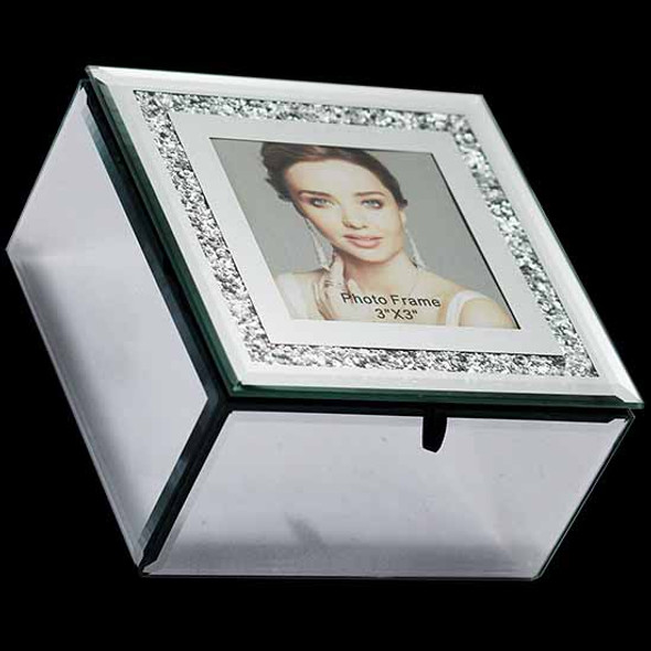 Jewellery box with photo facility silver glittered holds 3x3 inch picture