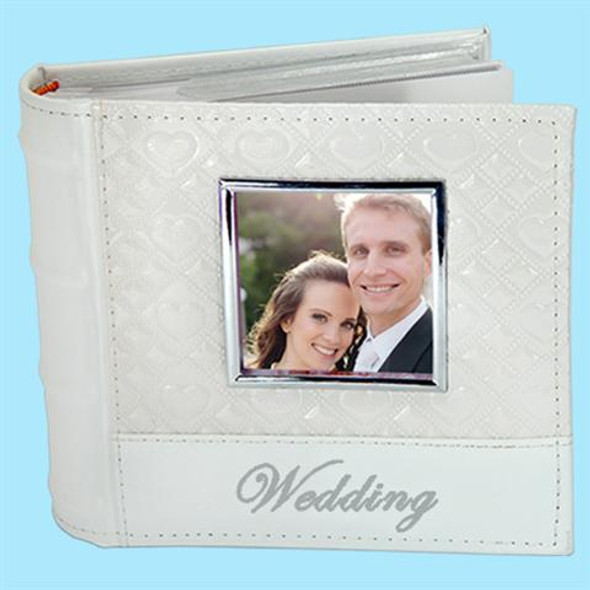 White leather wedding photo album with photo window on cover
