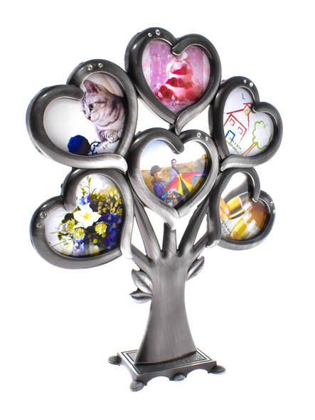 Pewter family tree photo frame with heart shape photo slots, holds 6 pictures