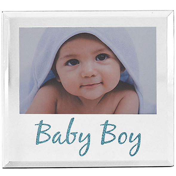 Glass mirror finish Baby Boy photo frame with silver glittered baby boy wording