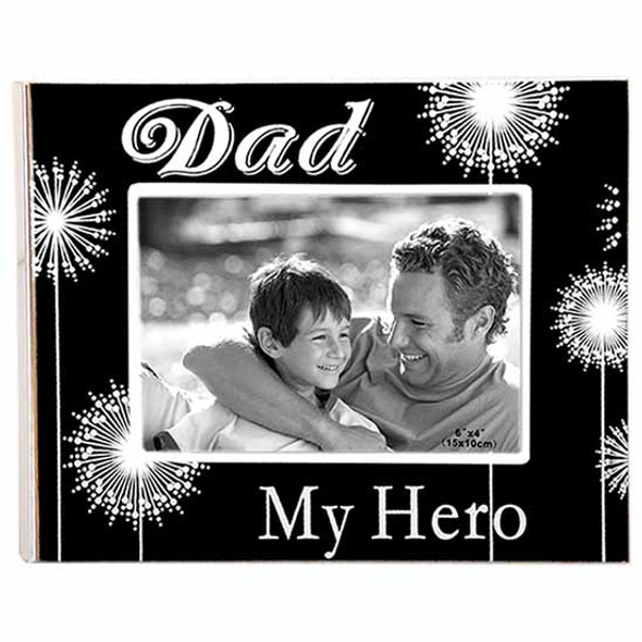 Black and white glass & stainless steel photo frame with dad my hero wording