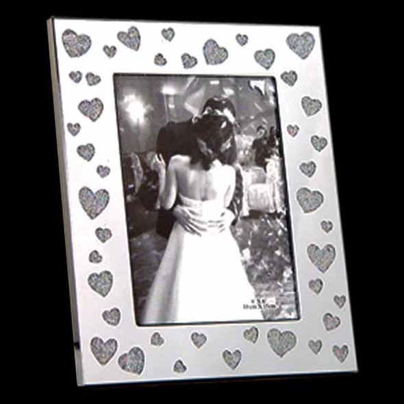 Silver photo frame with glittered love hearts, holds 4x6 inch picture