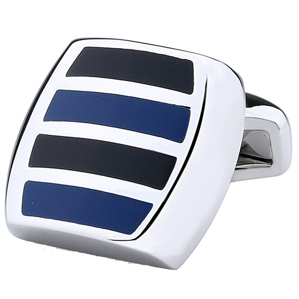Silver rhodium cuff links with black and blue striped enamel design