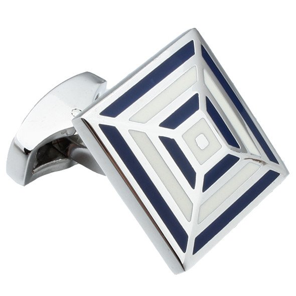 Silver rhodium square cuff links with dark blue and white enamel design