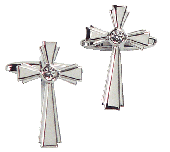 Silver cross shape cufflinks with diamond in the centre