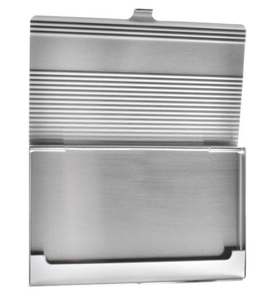 Silver striped business card holder with engravable space