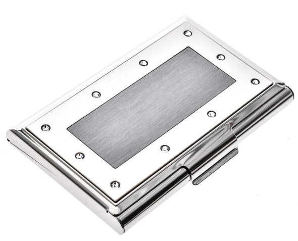 Silver business card holder with crystals and engravable space