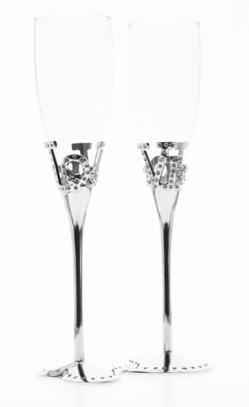 Champagne flute pair with crystal love wording and heart shape base