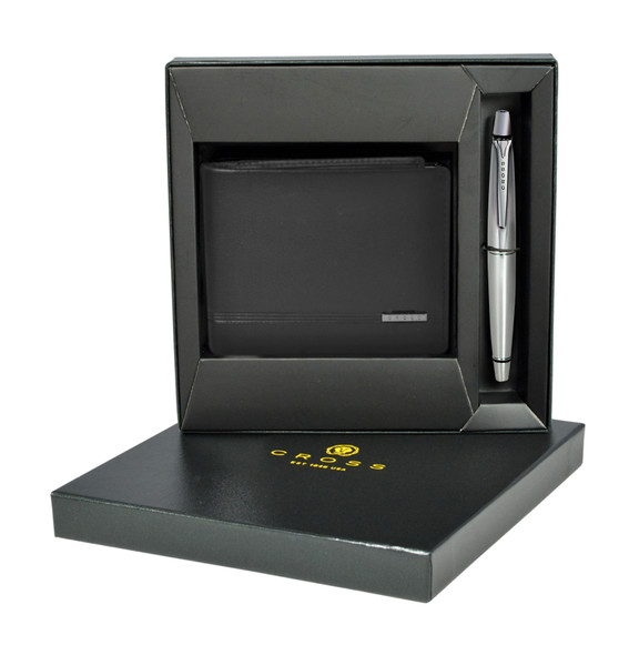 Authentic cross brand black coloured leather wallet and metal agenda pen set