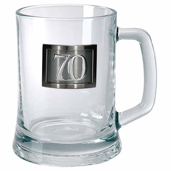 18th to 80th Birthday glass beer mug with Pewter rectangle framed with badge