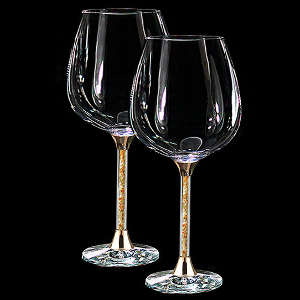Pair of gold leaf filled stem wine glasses