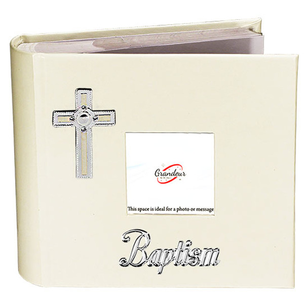 Baptism White photo album with photo space on front cover with enamel look