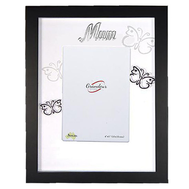 Mum black wooden photo frame with butterfly design holds 4x6 inch picture