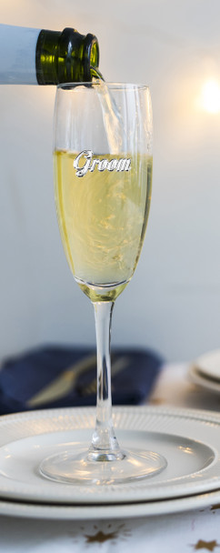 Wedding Champagne flute with Groom metal enamel embossed  holds 160ml
