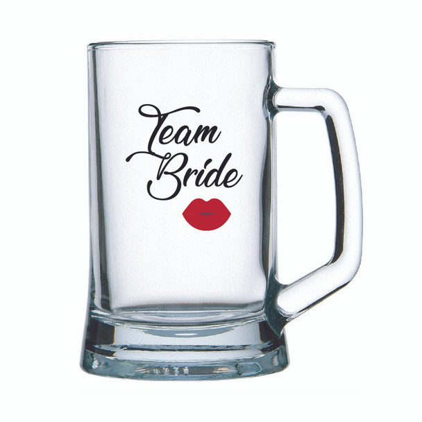 Wedding Glass beer mug with Team Groom or Team Bride in Black decal on glass