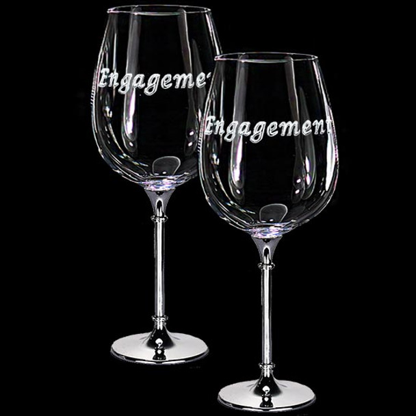 Pair of Engagement Wine glasses crystal rings on rhodium stem Engagement