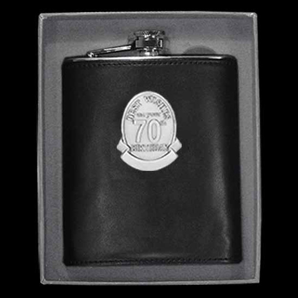18th to 80th Birthday leather covered stainless steel hip flask Pewter Badge