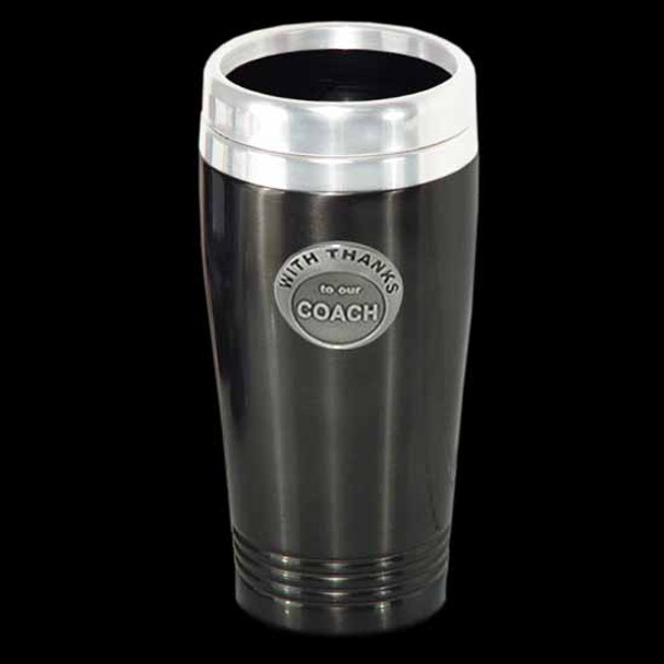 Coach Black matt coffee travel mug with Coach silver Pewter birthday badge