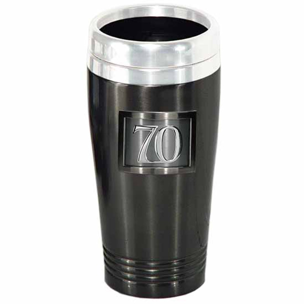 18th to 80th Birthday stainless steel black coffee travel mug Pewter framed badge