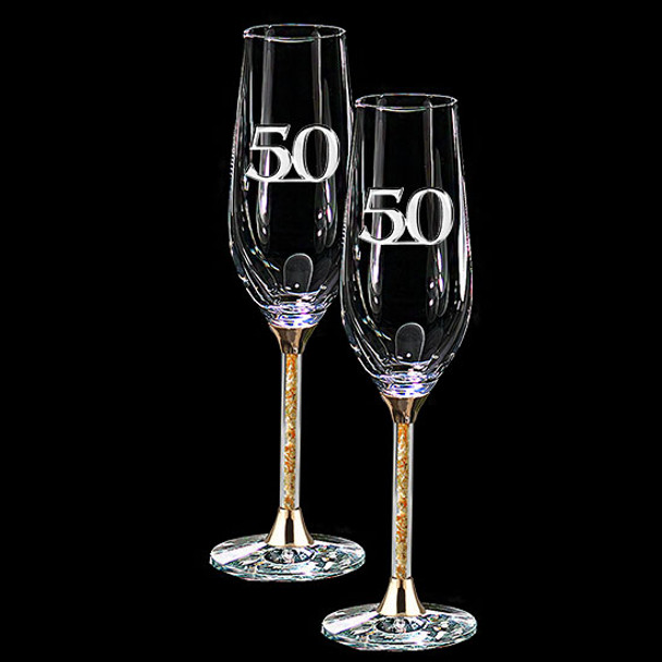 50th Anniversary pair of gold leaf filled stem champagne flutes metal embossed