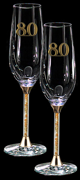18th to 80th Anniversary pair of champagne flutes gold leaf filled stems gold