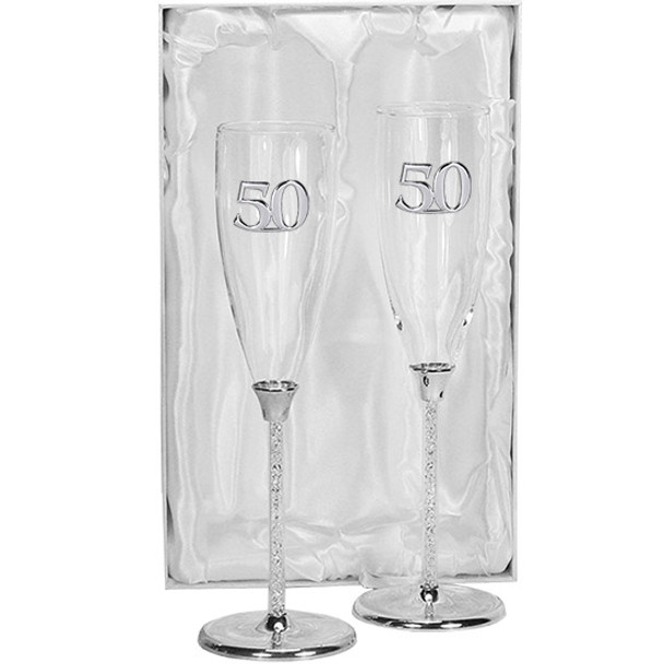 25th to 50th Anniversary pair of crystal stem champagne flutes metal base