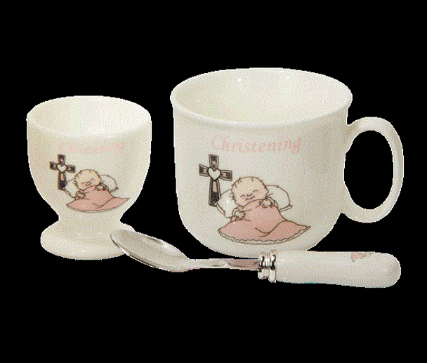 Christening Pink Porcelain 3-Piece Set - Angel Collection