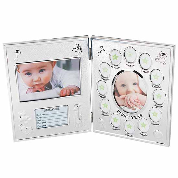 Silver twin photo frame with birth details writing space