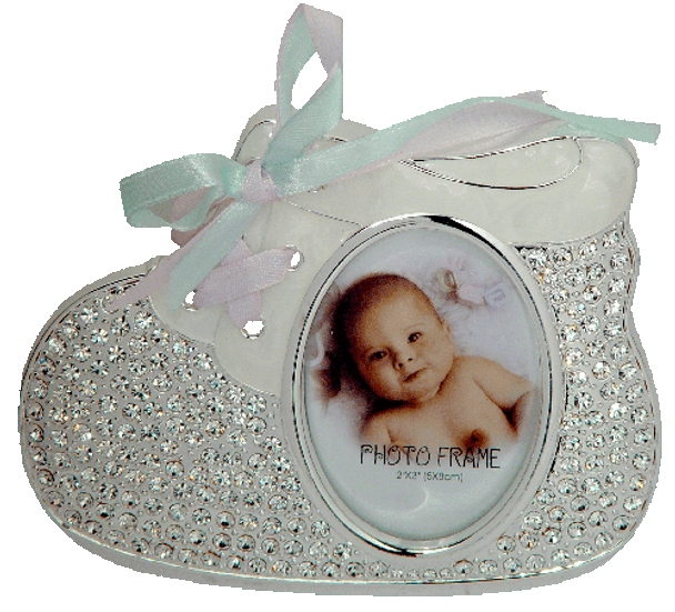 Baby bootie shaped photo frame with crystaled design 2x3 inch picture