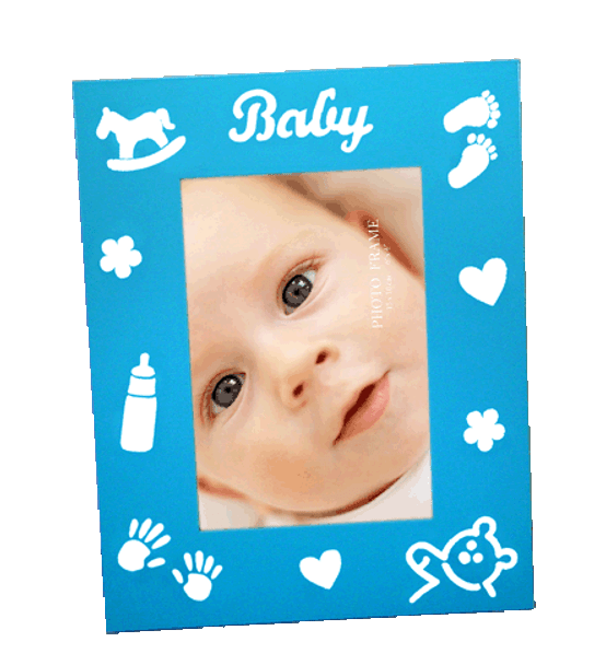 Blue babys photo frame with baby theme imprints holds 4x6 inch picture