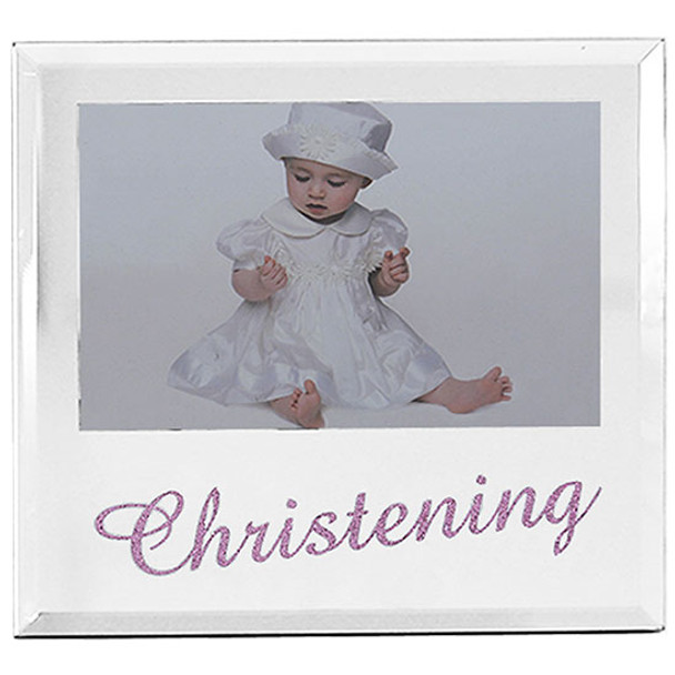 Christening girl photo frame with pink glittered wording holds 4x6 inch picture