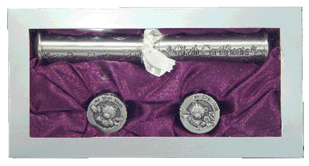 Certificate holder birth pewter engravable space tooth and curl gift box