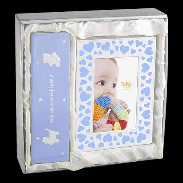 Certificate holder photo frame set blue wooden metal birth cholds