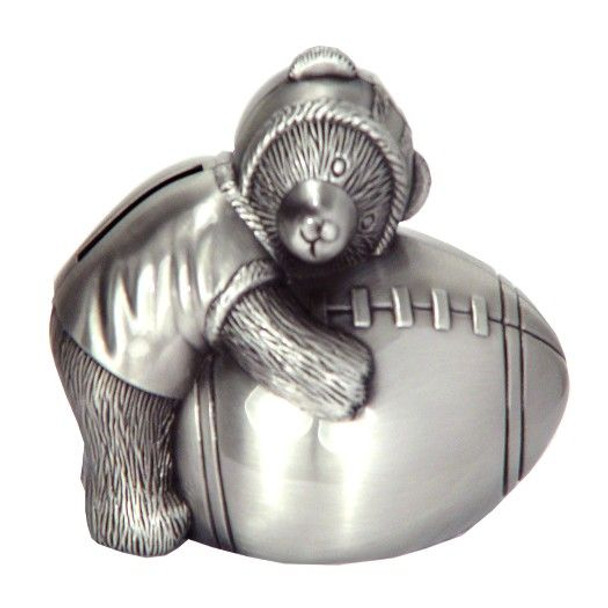 Money bank bear holding a football pewter finish